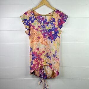 TRUE FREEDOM Orange Purple Pink Wide Flutter Sleeve Long Tunic Shirt Top Size M